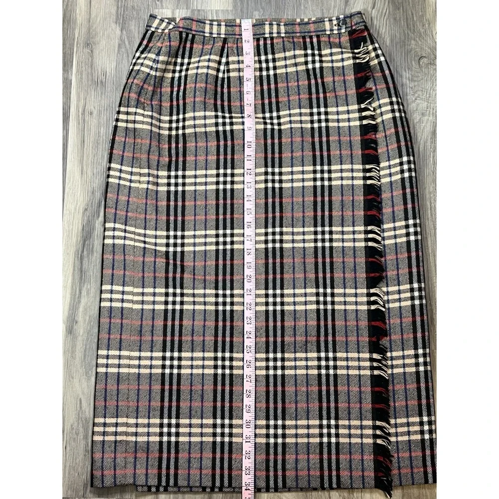 Vintage Evan Picone Wrap Skirt Size 16 Plaid Wool Blend Fringe Edge Tartan Brown